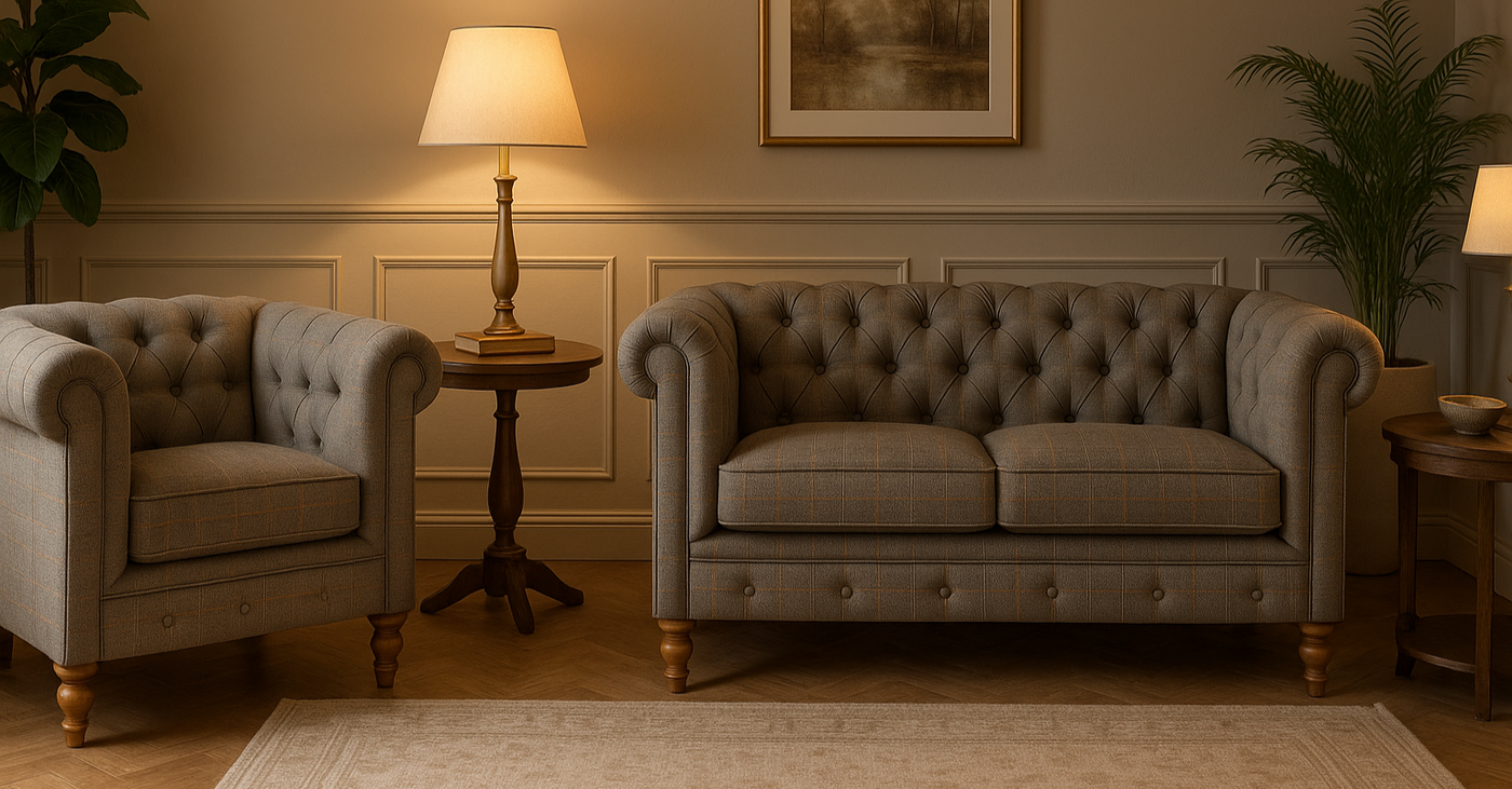 1920x1080 home interior with both Chesterfield sofas matching exact product specifications